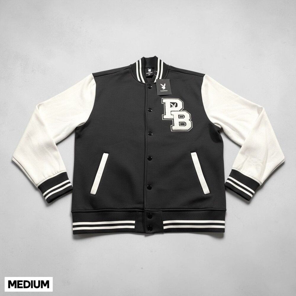 Playboy Varsity Bomber Jacket Mens Size MEDIUM New With Tags White Black 2024